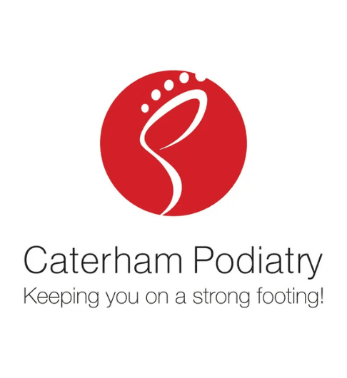 Caterham Podiatry logo featuring a red circle with a white footprint and tagline below.