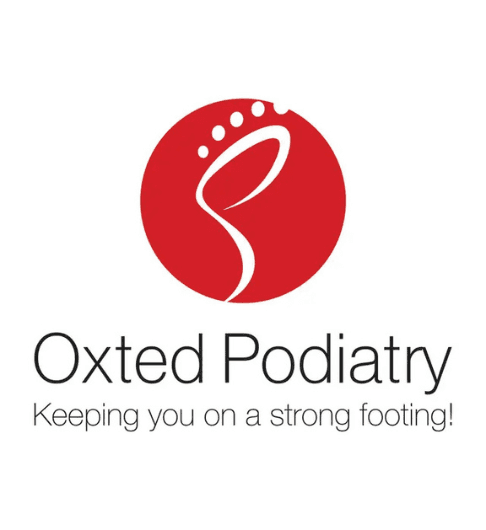 Oxted Podiatry logo with red footprint icon and slogan Keeping you on a strong footing.