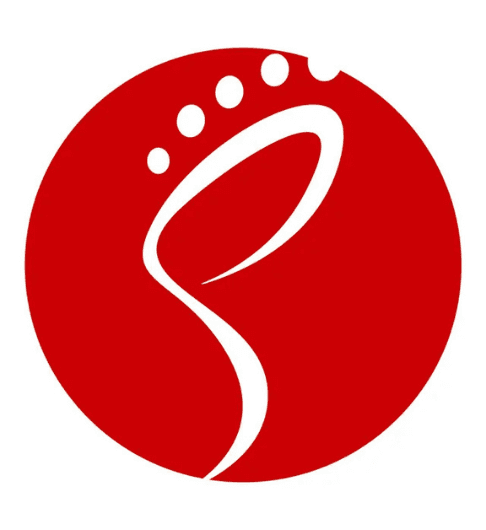 Red circular logo featuring a white minimalist footprint with four dots for toes.